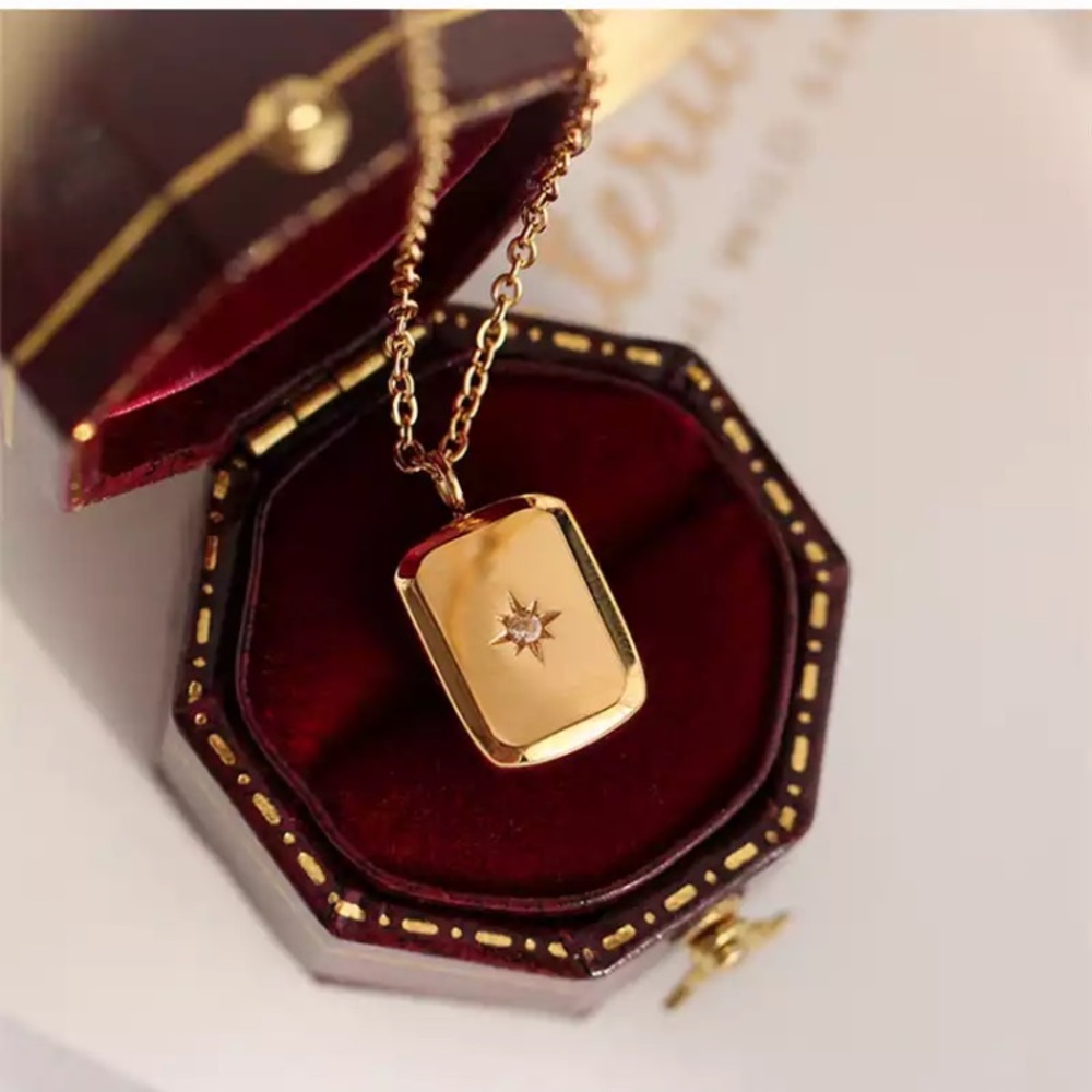 Star Constellation Rounded Edge Rectangle Stainless Steel Gold Necklace